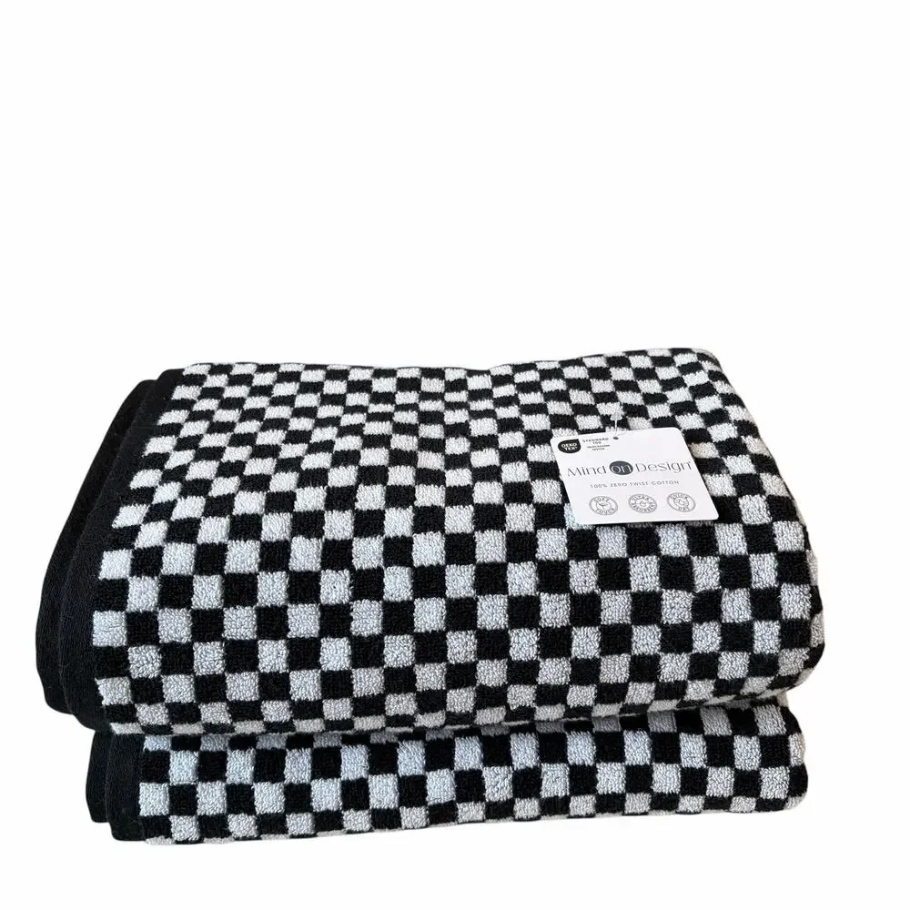 Set of 2 Chic Black & White Checkered Bath Towels 100% Zero Twist Cotton NEW